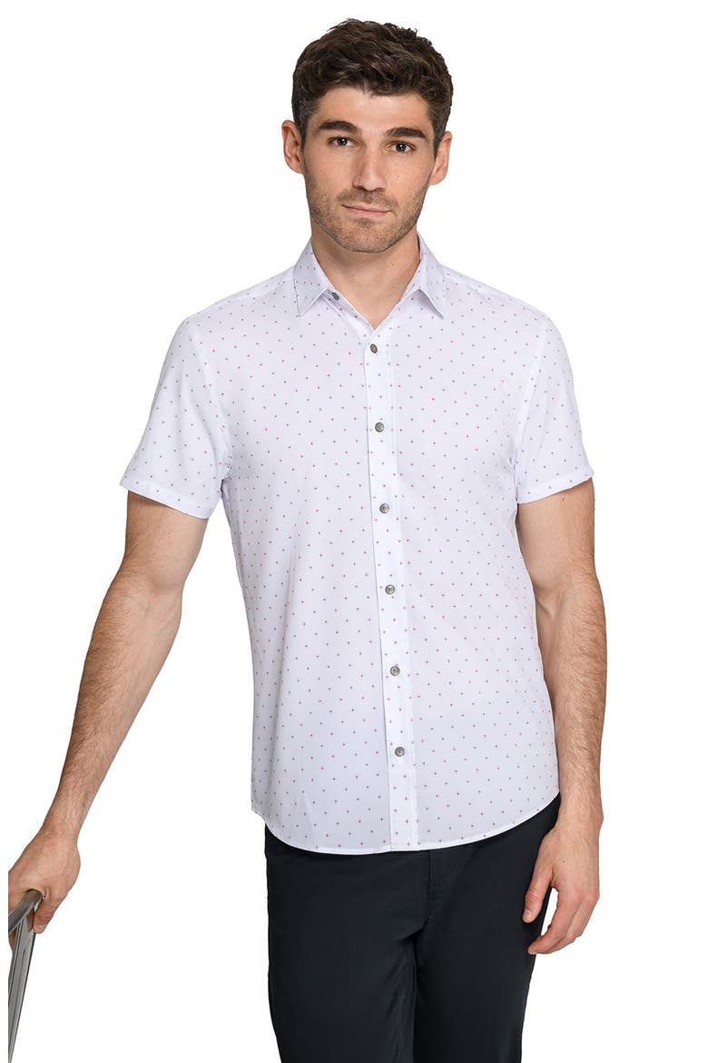 Trim Fit Abstract Star Print Short Sleeve Performance Button-Up Shirt, Alternate, color, WHITE/ BLACK
