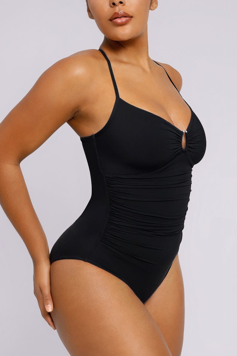 U-Ring Cut Out Ruched One-Piece Swimsuit, Alternate, color, Jet Black