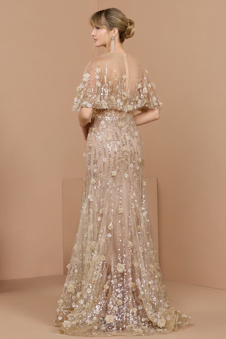 Petite Embellished Cape Sleeve Mermaid Gown, Alternate, color, Almond