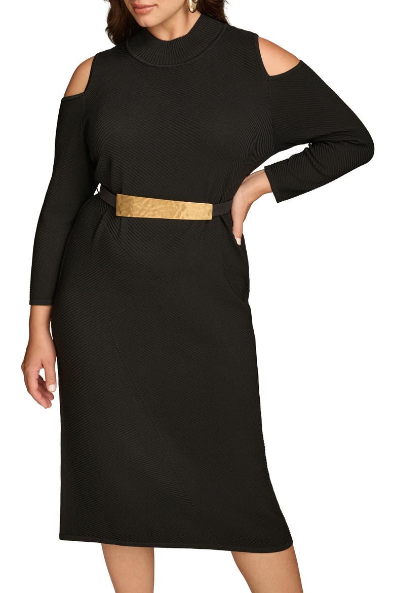 Poly Belted Cold Shoulder Midi Dress, Main, color, BLACK