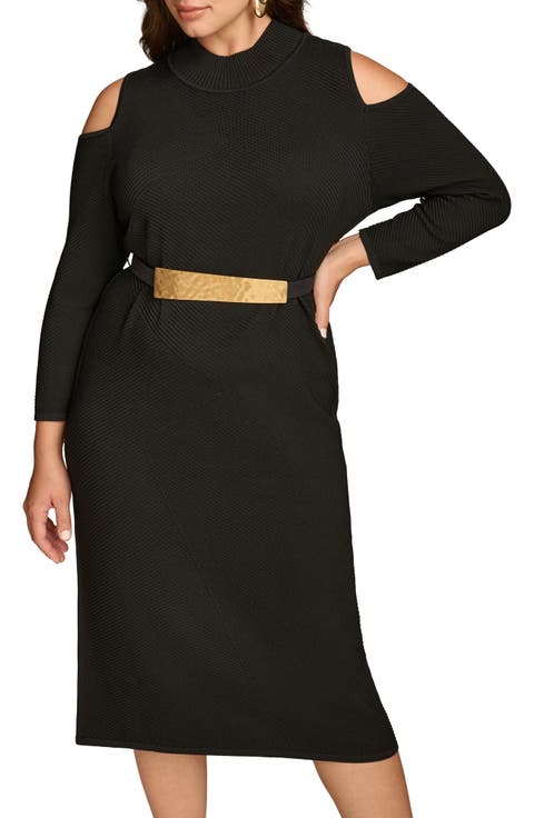 Poly Belted Cold Shoulder Midi Dress (Plus Size)
