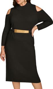 DONNA KARAN Poly Belted Cold Shoulder Midi Dress