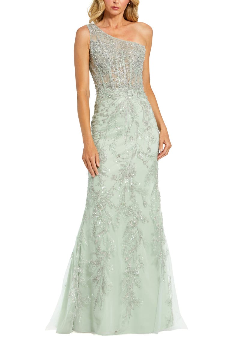 Embellished One-Shoulder Corset Bodice Column Gown, Main, color, Sage