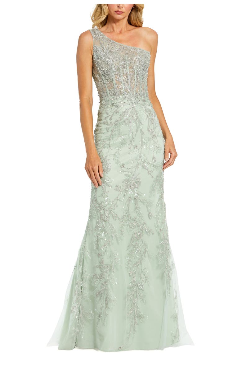 Mac Duggal Embellished One-Shoulder Corset Bodice Column Gown, Main, color, Sage