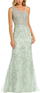 Mac Duggal Embellished One-Shoulder Corset Bodice Column Gown