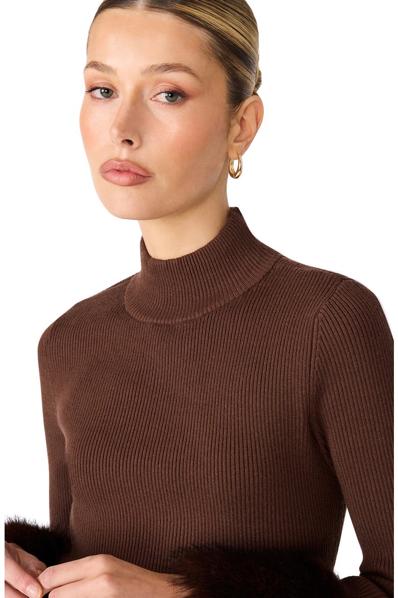 Riello Long Sleeve Faux Fur Trim Sheath Dress, Alternate, color, DARK ESPRESSO