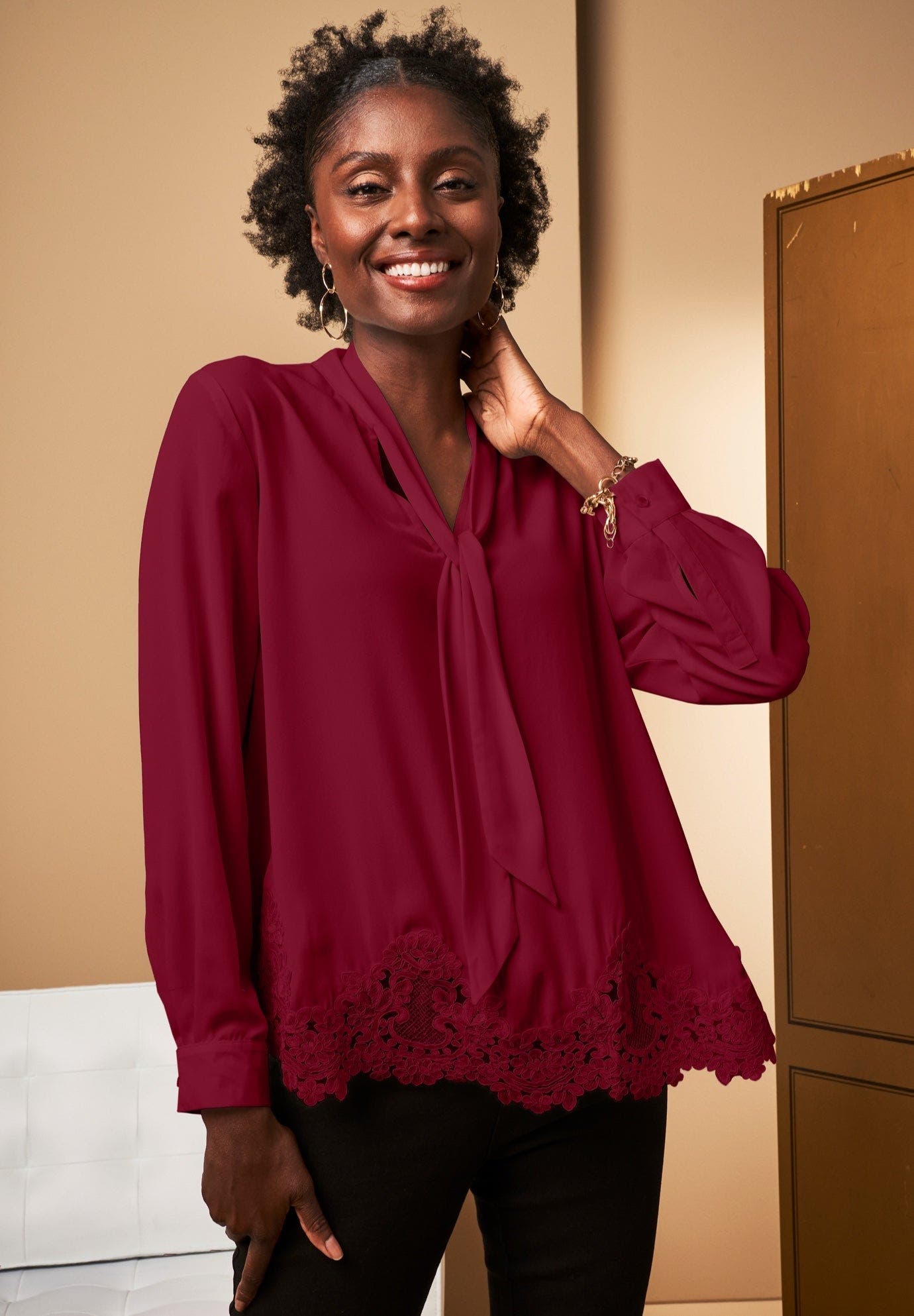 Lace Trim Bow Blouse