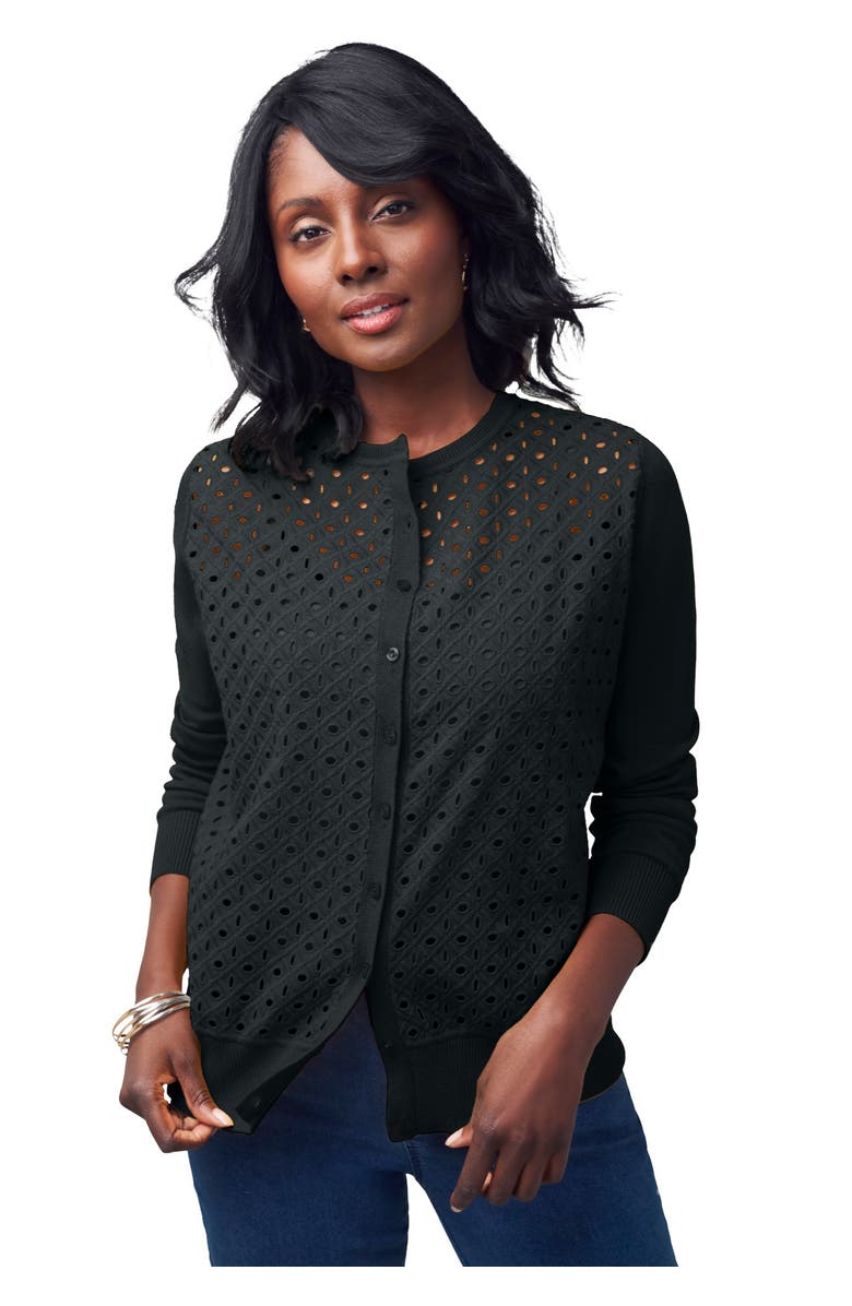 Jessica London Fine Gauge Eyelet Cardigan, Main, color, Black
