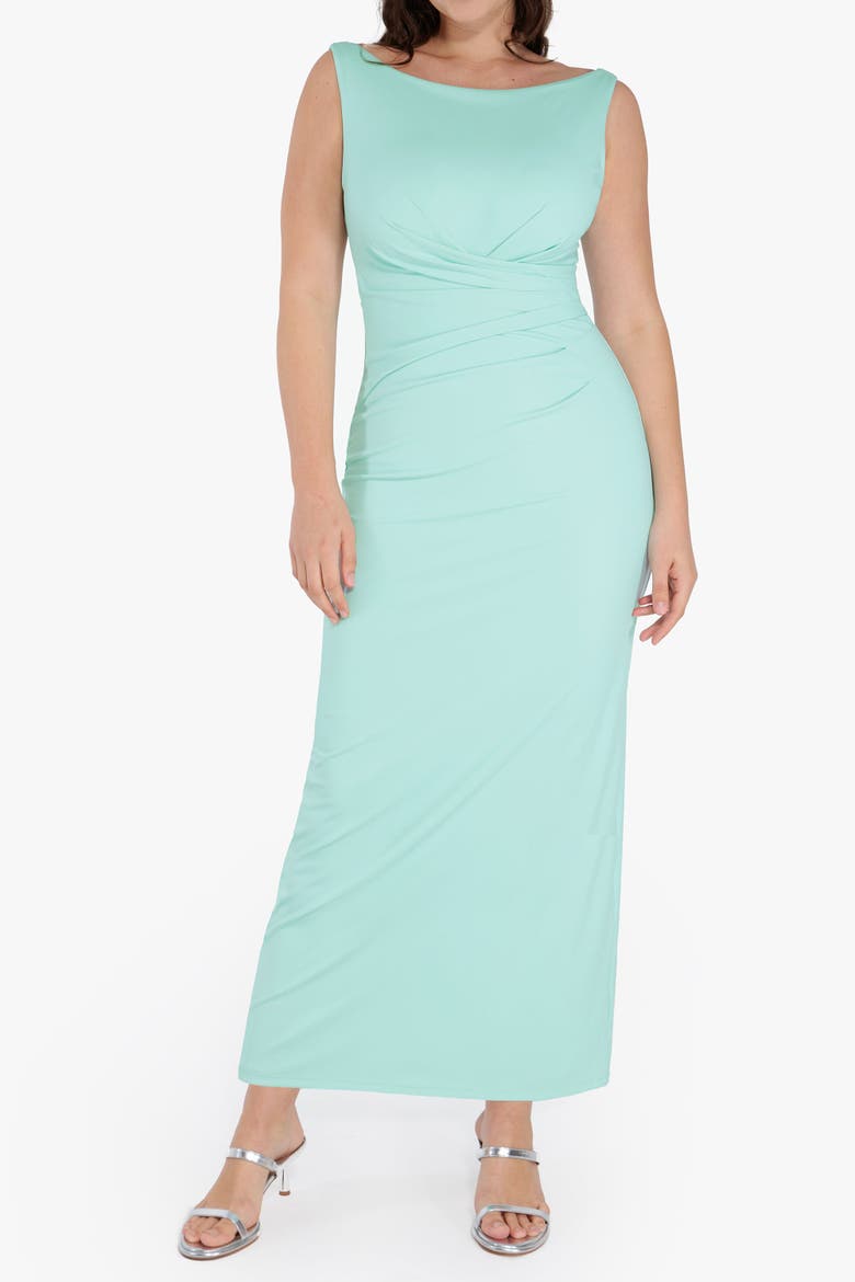 Elegant Boatneck Draped Snatched Sculpting Maxi Shapewear Dress, Alternate, color, Teal