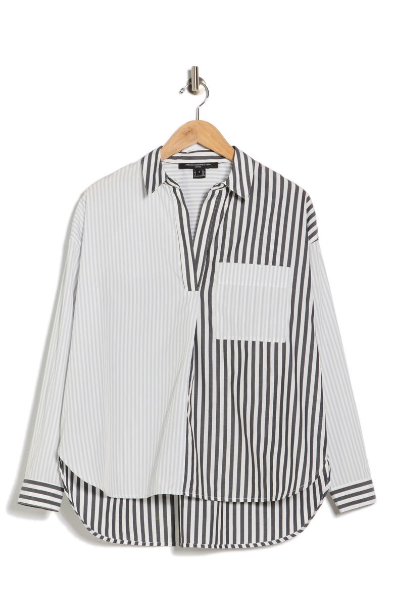 French Connection High-Low Boyfriend Shirt, Alternate, color, White/ Grey/ Black