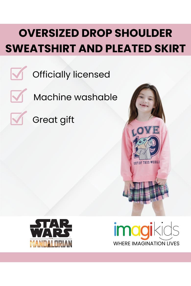 The Mandalorian Grogu 2-Piece Sweatshirt and Pleated Skirt Set, Alternate, color, Grogu Pink Plaid