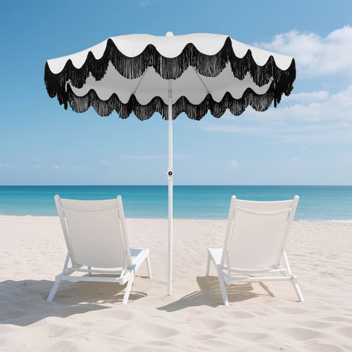 Jonathan Y Mariner 6.5 Ft. Classic Cottage Fringe Tassel Market Beach Umbrella With Push Button Tilt In Brown