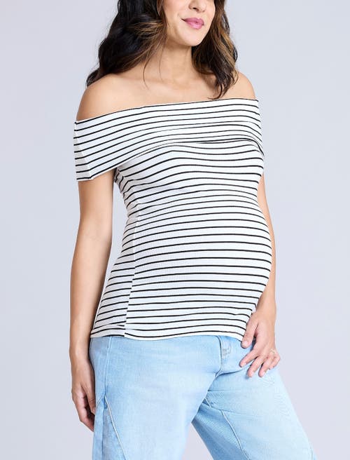 Motherhood Maternity Rib Knit Short Sleeve Off The Shoulder Top In White & Black Stripe
