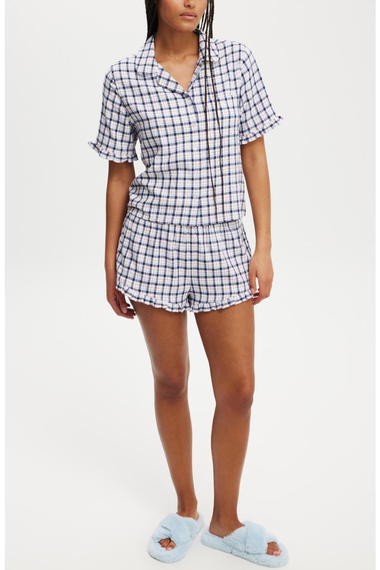 Flannel Short Sleeve Shirt And Short Sleep Set, Alternate, color, Robbin Check Blue