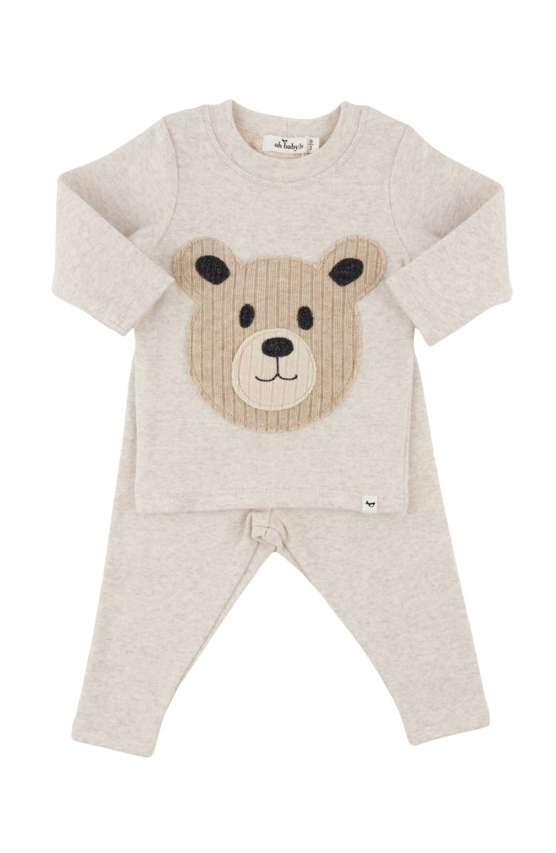 oh baby! Teddy Bear Face Applique Long Sleeve Two Piece Set, Alternate, color, 
