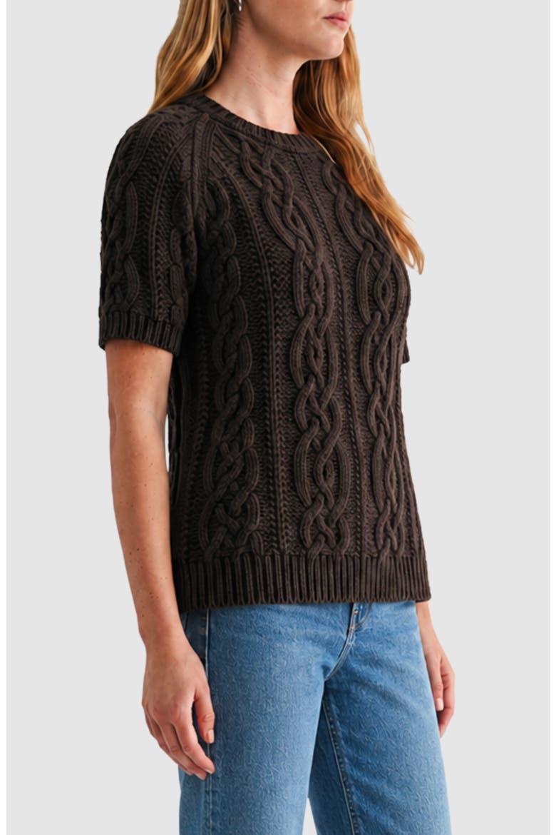 Cable Knit Short Sleeve Sweater, Alternate, color, DARK BROWN