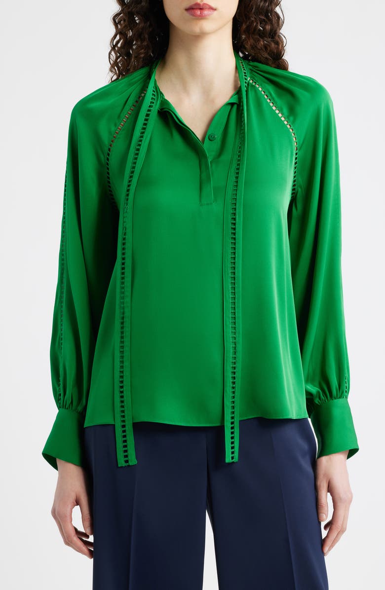 Elie Tahari The Angie Tie Neck Stretch Silk Top, Alternate, color, Green Lark