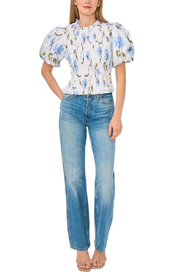 Floral Smocked Puff Sleeve Top, Alternate, color, ULTRA WHITE