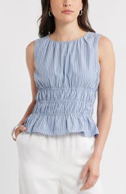 Caslon® Stripe Smocked Peplum Poplin Top