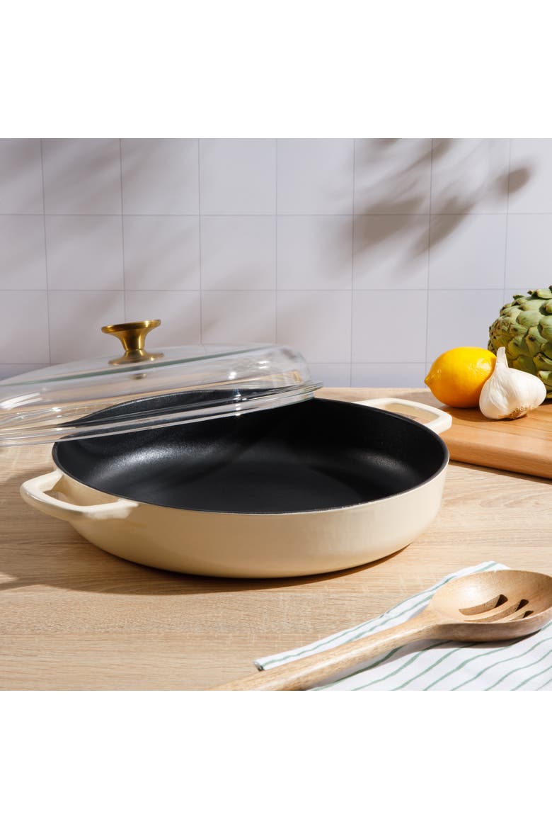 Enameled Cast Iron 7-in-1 Multipurpose Braiser Pan with Borosilicate Glass Lid, Alternate, color, Linen White