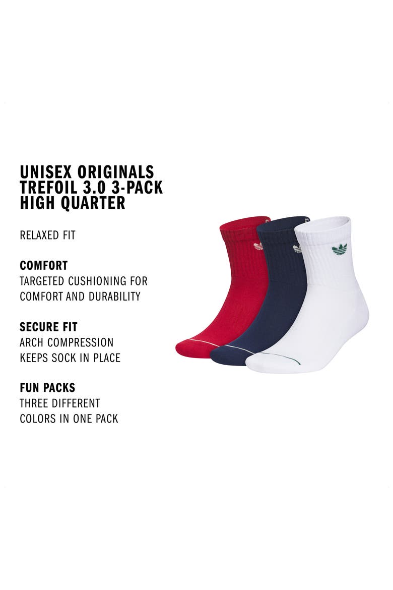 Trefoil 3.0 3-Pack Assorted High Quarter Socks, Alternate, color, TEAM RED/ YELLOW/ INDIGO