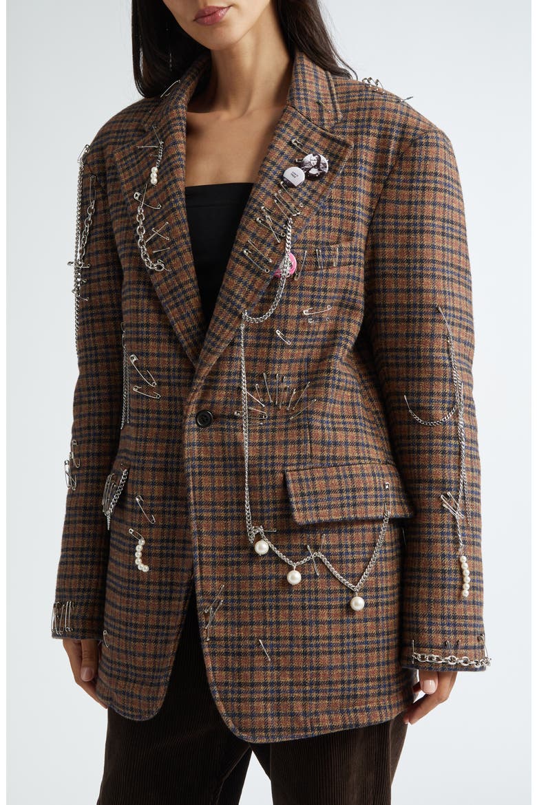 Pinchushion Plaid Embellished Blazer, Alternate, color, BROWN PLAID