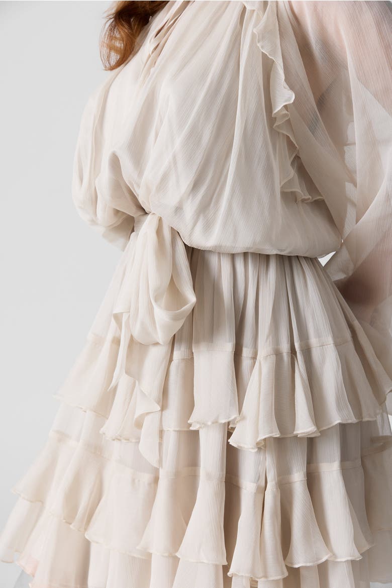 Silk Chiffon Tie Belt Short Dress, Alternate, color, Light Beige