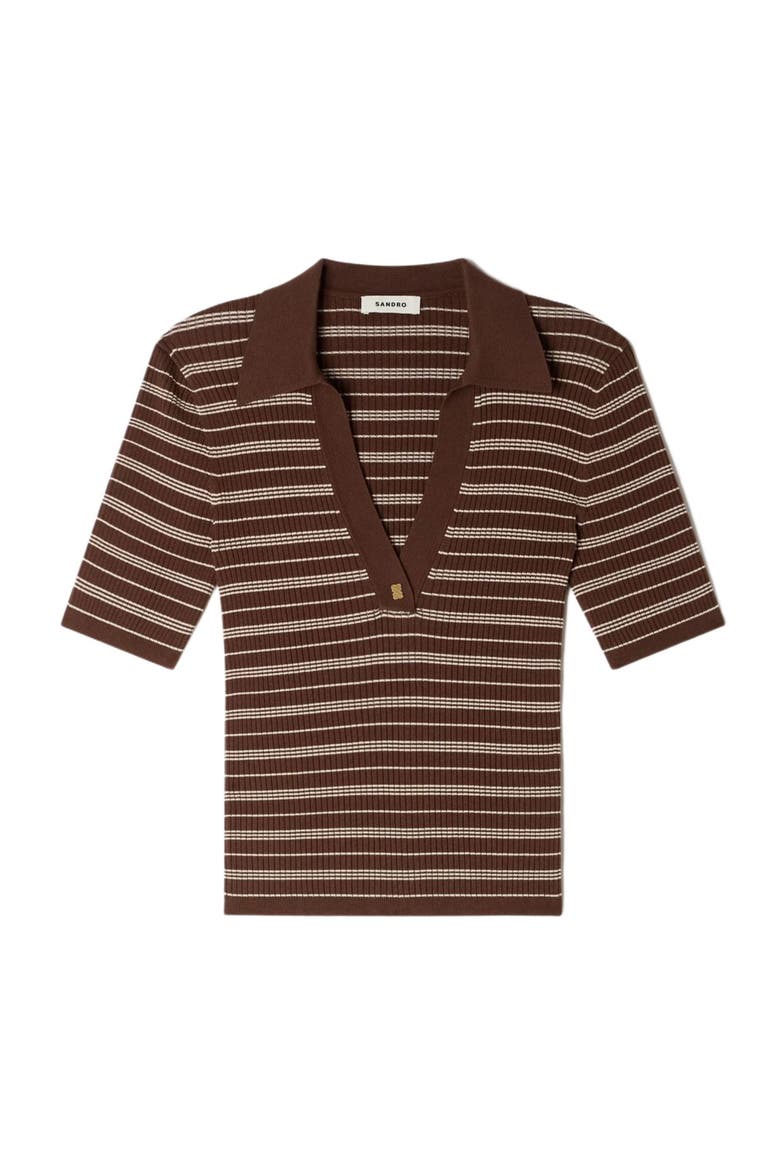 Striped V-neck polo sweater, Alternate, color, Brown