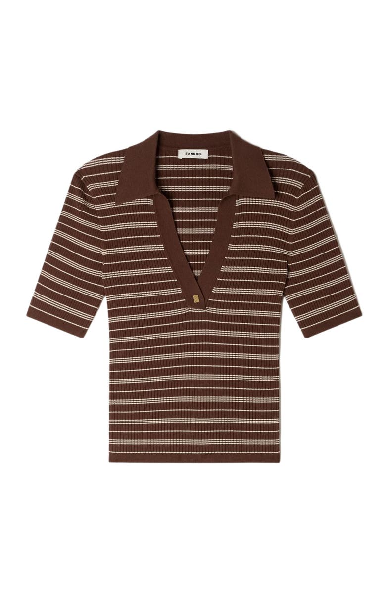 SANDRO Striped V-neck polo sweater, Alternate, color, Brown