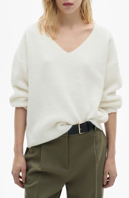 Shop Mango Rib V-neck Sweater In Ecru