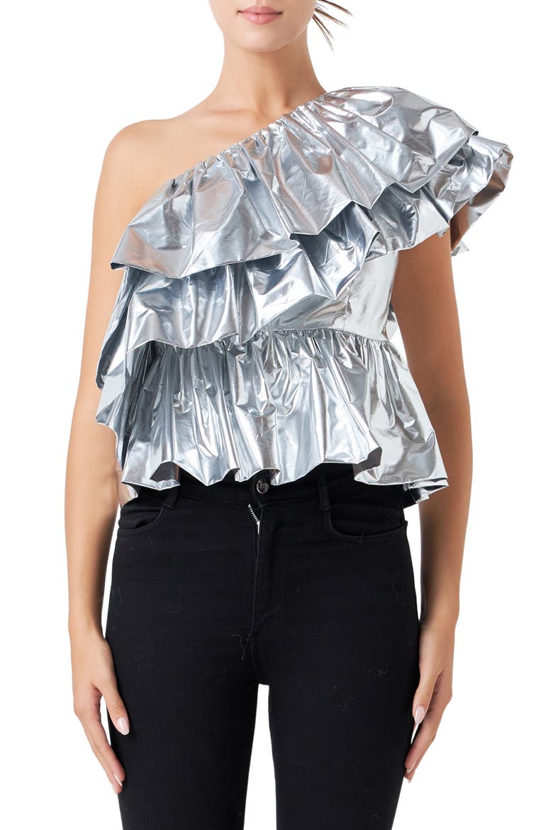 Metallic Tiered One-Shoulder Peplum Top, Main, color, SILVER