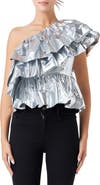 Endless Rose Metallic Tiered One-Shoulder Peplum Top