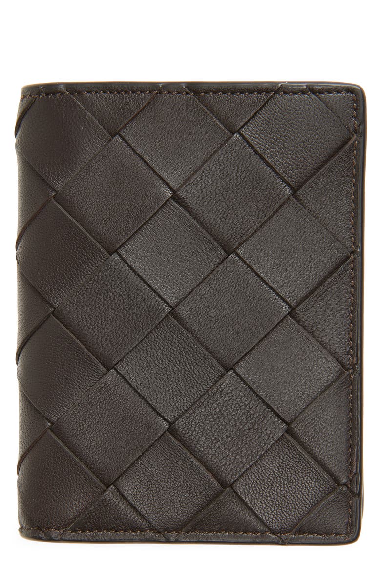 Woven Leather Bifold Card Case, Main, color, BROWN COFFEE