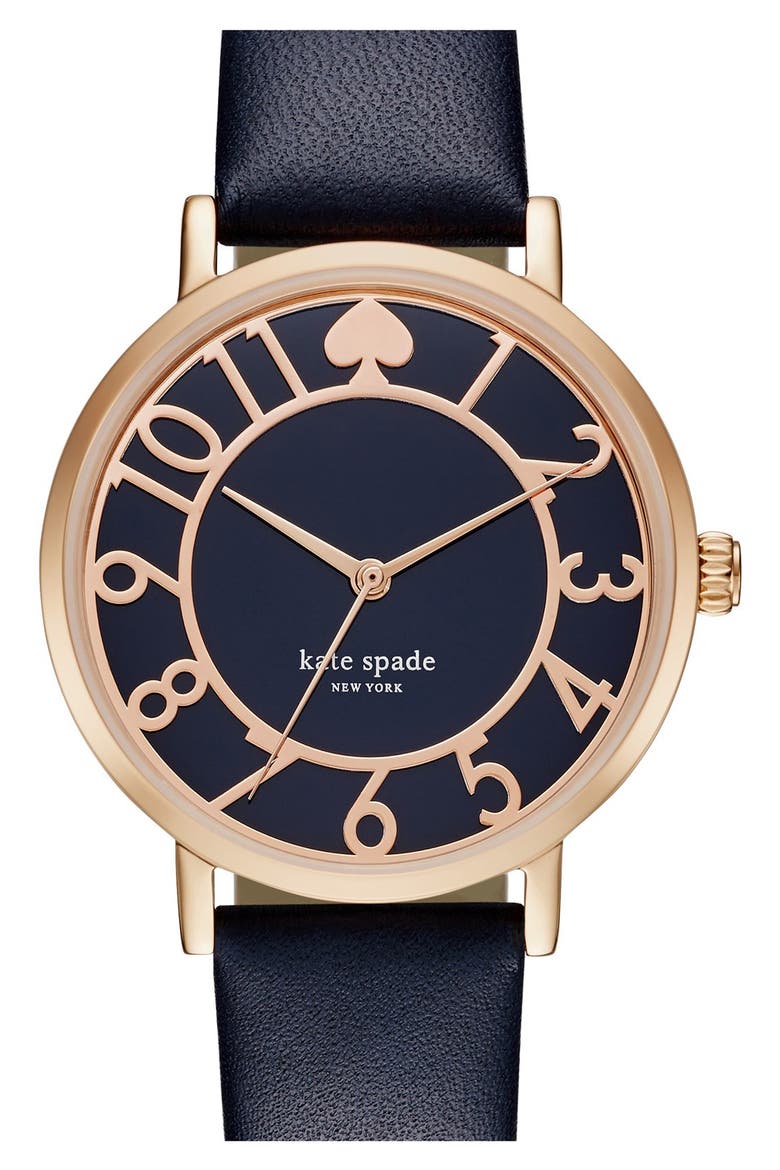 'metro' mother-of-pearl leather strap watch, 34mm, Main, color, BLUE/ BLUE
