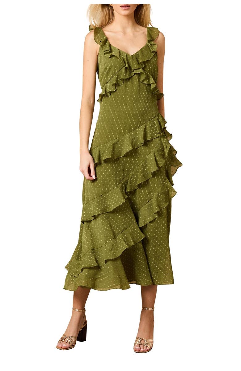 Oasis Dobby Ruffle V-Neck Tiered Midi Dress, Alternate, color, Khaki