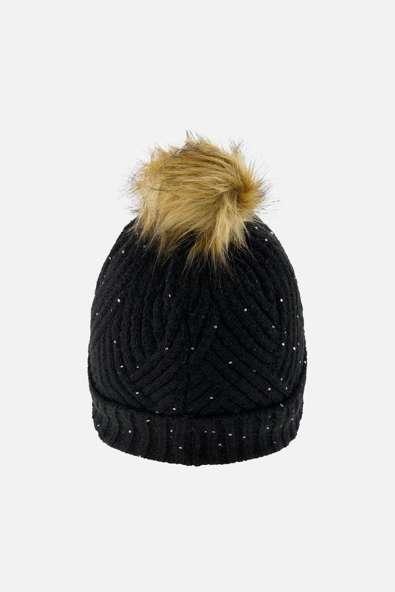 Winter Fleece Lined Faux Fur Pompom Knit Hat, Alternate, color, Noir