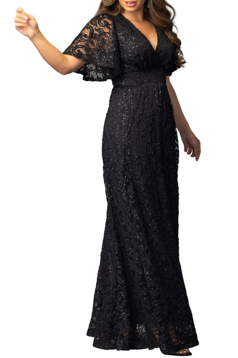 Luminous Sequin Lace Evening Gown, Alternate, color, Onyx