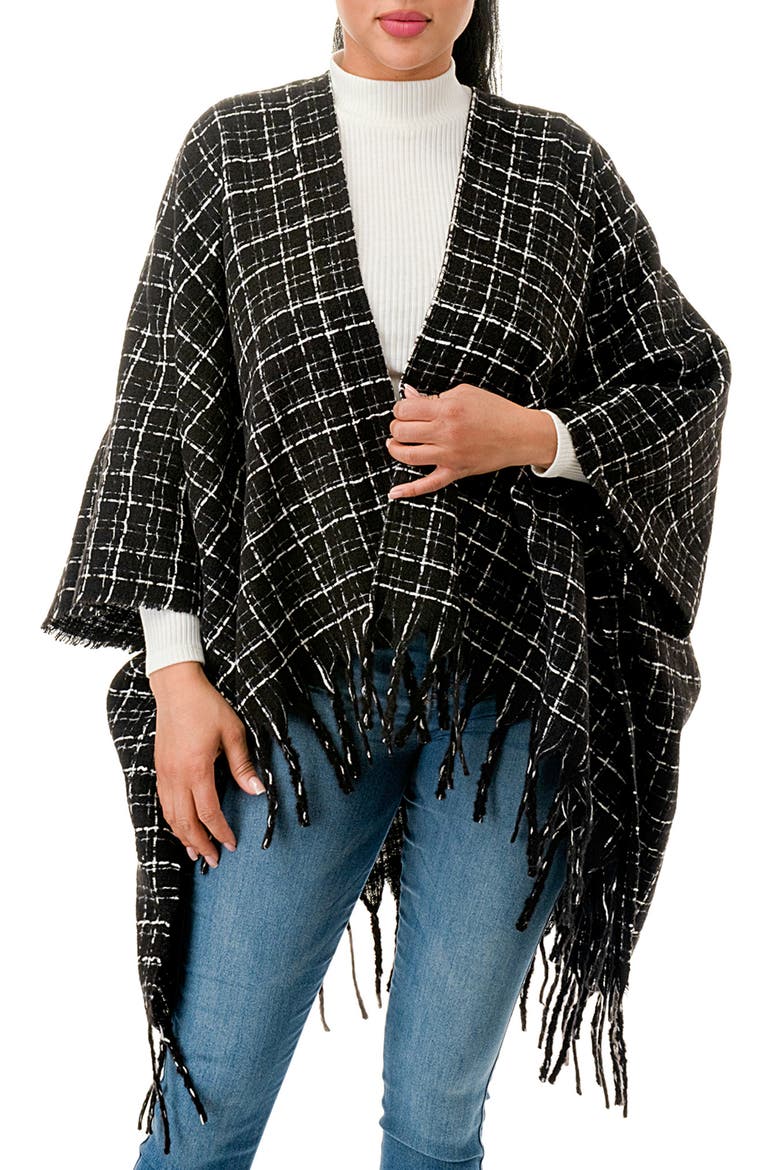 Windowpane Tweed Fringed Ruana, Main, color, BLACK