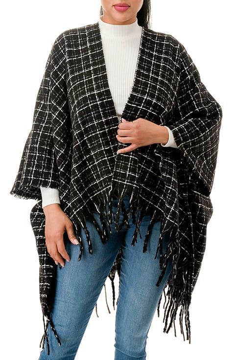 Windowpane Tweed Fringed Ruana