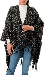 MARCUS ADLER Windowpane Tweed Fringed Ruana