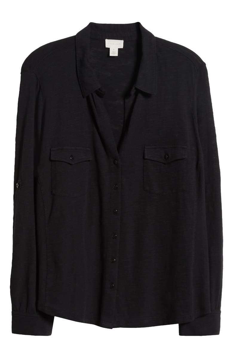 Caslon<sup>®</sup> Roll Sleeve Knit Button-Up Shirt, Alternate, color, Black