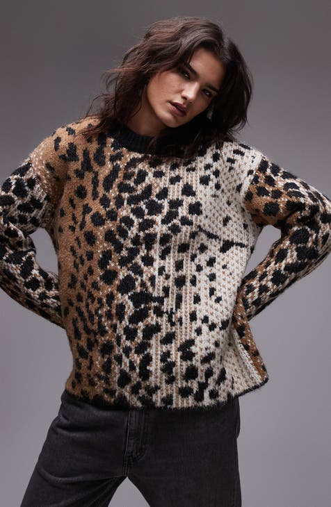 NEW Animal Leopard Print Turtleneck Knit Sweater Dress Tunic Top newest Ivory Cream Black