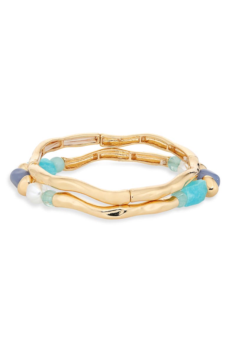 NORDSTROM RACK Set of 2 Faux Pearl Beaded Molten Stretch Bracelets, Main, color, Turquoise Multi- Gold