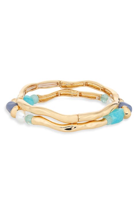 Set of 2 Faux Pearl Beaded Molten Stretch Bracelets