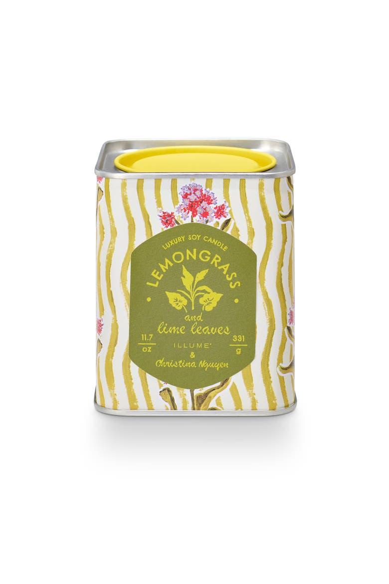 Sun Terrace Lemongrass & Lime Leaves Printed Tin Candle, 331g, Main, color, Green