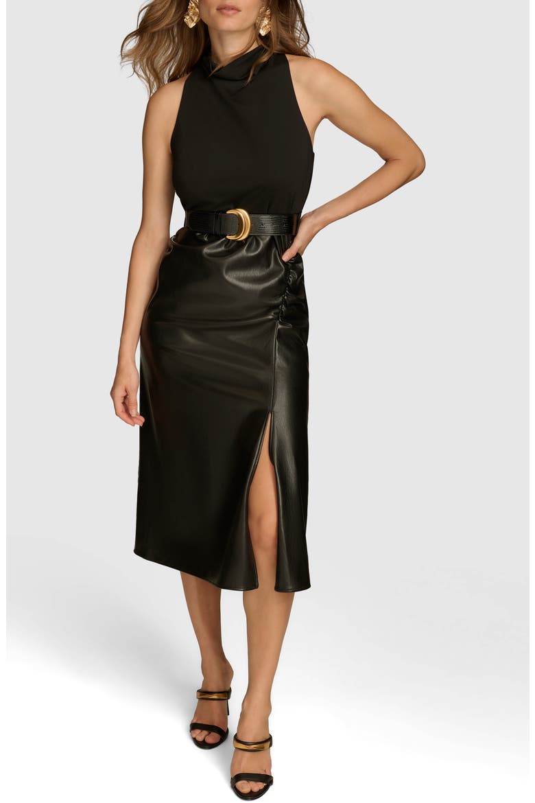 Belted Mixed Media Midi Dress, Main, color, BLACK/ BLACK