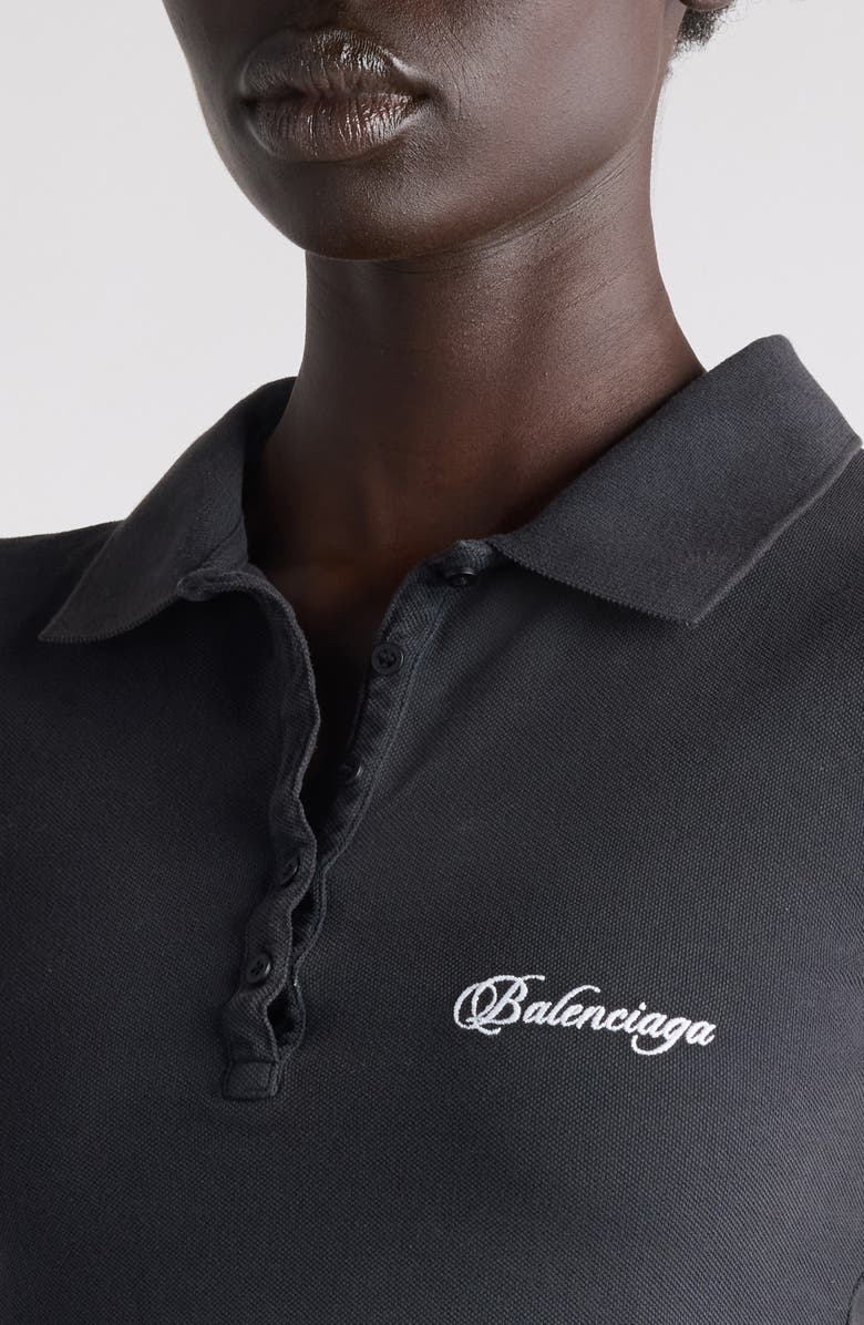 Balenciaga Logo Embroidered Cotton Piqué Crop Polo, Alternate, color, 6552 Washed Black 2/ White