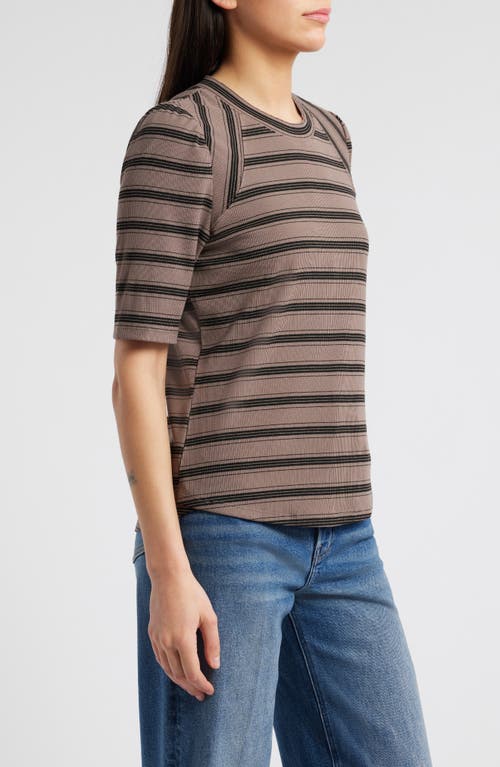 Wit & Wisdom Puff Sleeve Stripe Rib Top In Oyster Mushroom/black