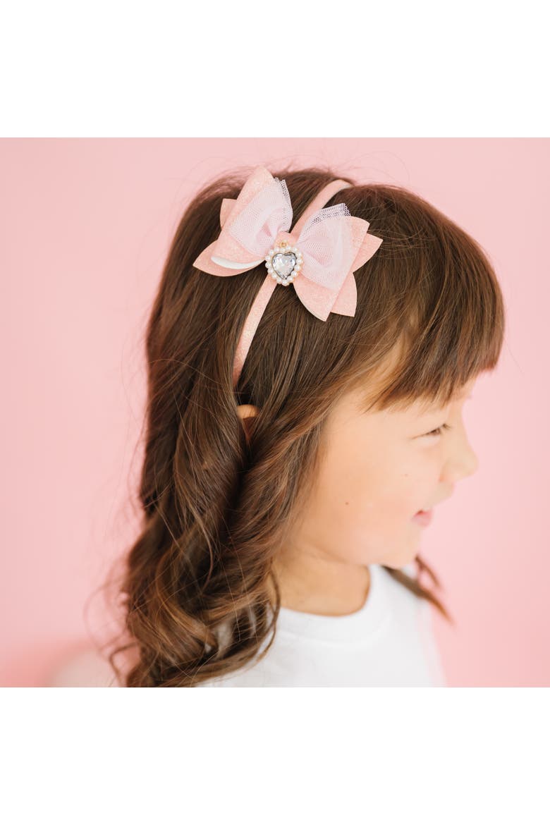 Heart Charm Glitter Bow Headband, Alternate, color, Pink