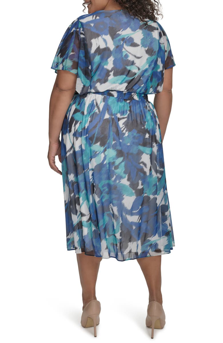 DKNY Flutter Sleeve Fit & Flare Midi Dress, Alternate, color, Ivory Mult